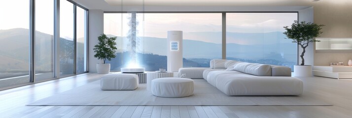 In The minimalist white living room setting, a futuristic air purifier takes center stage amidst an elegant backdrop of large windows offering views of the outdoors
