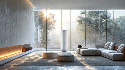 In The minimalist white living room setting, a futuristic air purifier takes center stage amidst an elegant backdrop of large windows offering views of the outdoors
