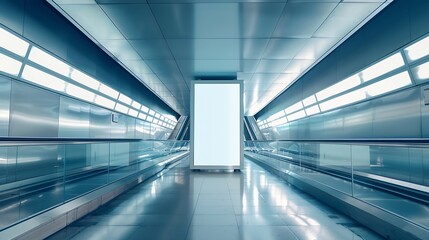 Obraz premium Blank advertising billboard at airportmockup poster media template ads display Mock up Poster media template Ads display in Subway station escalator : Generative AI