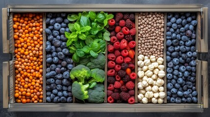 a wooden tray filled with different types of fruits and vegetables - obrazy, fototapety, plakaty