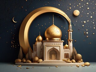 3d illustration of a mosque with golden moon and stars ornament - obrazy, fototapety, plakaty