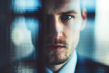 Intense gaze of a young businessman through a textured glass window