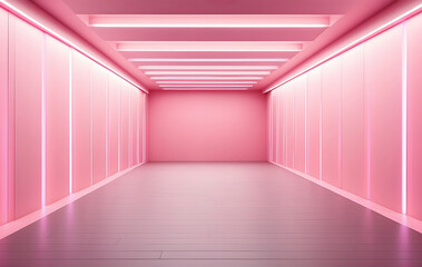 An empty product corridor interior serves as a contemporary backdrop, featuring neon accents and sleek architectural floor designs.
