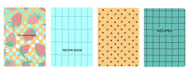 Cover page vector templates for recipe books based on seamless patterns with hand drawn apples, pears, plums. Cookery books cover layout. Healthy fruit, vegan food concept