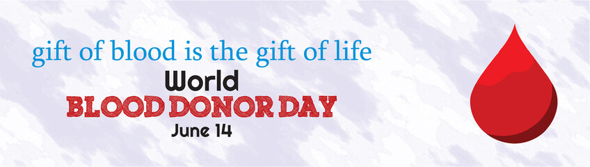 Blood is gift of life. World blood donor day, June 14. Motivational copy space banner and poster for media and web. Drop in 3d style. Give blood save life.
