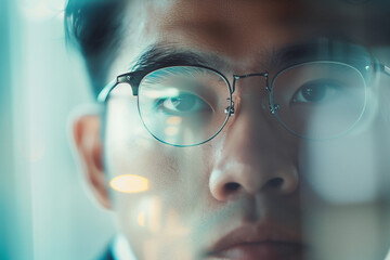 Close-up portrait of a man with glasses reflecting lights indoors