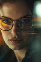 Close-up portrait of a young woman wearing glasses at night with warm light illuminating her face