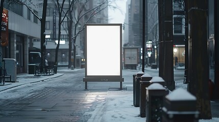 Vertical mockup of city poster winter city with thick edges blank white billboard in urban settings...