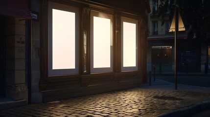 Blank white posters in the window on night empty city street mock up 3D Render : Generative AI