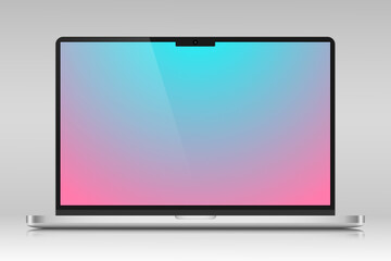 A laptop with a color screen and a glare on a gray gradient background. Realistic laptop layout in a silver thin metal case. Vector EPS 10.