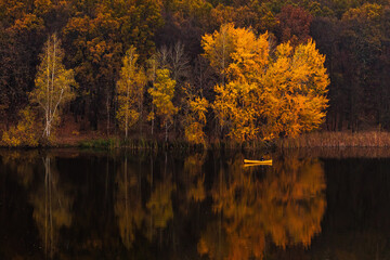 Man in yellow boat on the river in golden autumn, beautiful nature with colorful yellow trees and reflections on the water