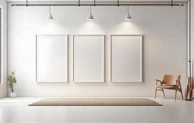 An empty white studio with three poster frames on a clean wall offers an ideal backdrop for mockup designs