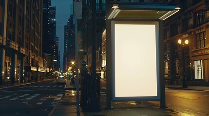 Vertical blank white billboard mockup for advertising Bus stop at New York city buildings and...