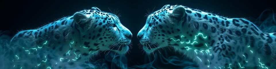leopard in neon light. - obrazy, fototapety, plakaty