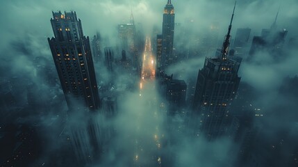 skyscrapers in the fog
