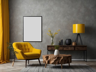 Modern living room with monochrome mustard yellow empty wall for mock-up contemporary interior design with trendy wall colour and chair design.