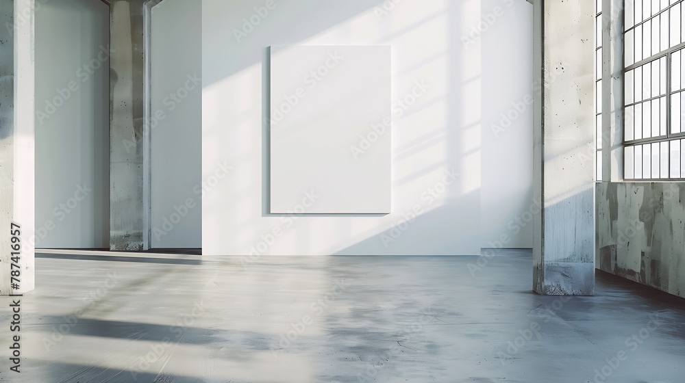 Poster Blank poster in light modern loft gallery with big windows and concrete floor mock up 3D Render : Generative AI
