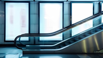 Blank poster mockup in metro station Three big vertical  portrait orientation blank poster with metro escalator background : Generative AI