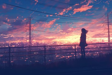 A girl stands on the road, with city lights in the background, in the style of anime with a purple sky and clouds - obrazy, fototapety, plakaty