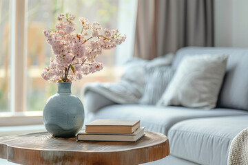 Modernes Interieur, runder Holztisch mit Büchern und einer Vase im Vordergrund, graues Sofa vor einem Fenster mit Frühlingsblumen, unscharfer Hintergrund eines modernen Wohnzimmers, Wohnkultur Konzept - obrazy, fototapety, plakaty