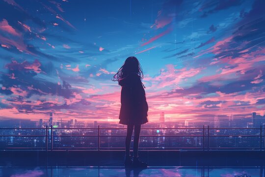 A girl stands on the road, with city lights in the background, in the style of anime with a purple sky and clouds, in an anime art