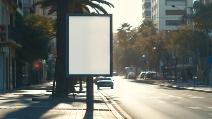 big white display placard poster at summer city street over road with parking car mockup :...