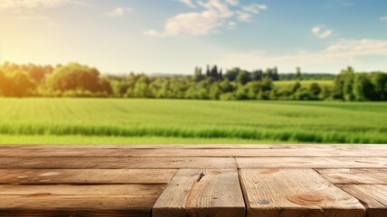The empty wooden brown table top with blur background of farmland and blue sky. Exuberant image. generative ai - obrazy, fototapety, plakaty