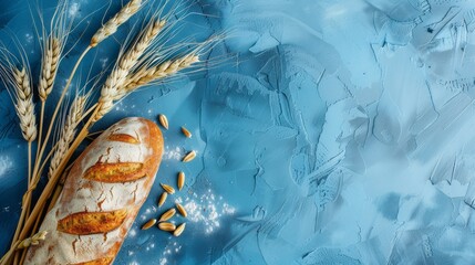 ears of wheat with fresh bread on a old blue background, Copy space for text