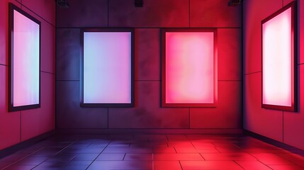 Three movie poster frames along the walkway in modern interior design for movie theater : Generative AI