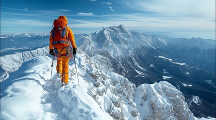 Naklejka na ściany i meble A mountaineer reaching the summit, with the vast mountain landscape in the background. AI generate illustration