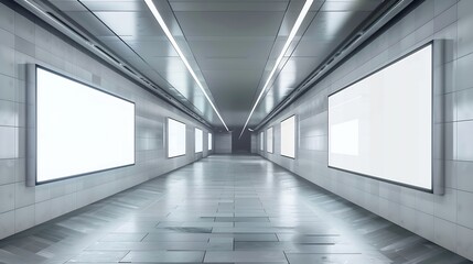 Horizontal blank advertising banners posters mockup in underground tunnel walkway outofhome OOH media display space lightbox 12 sheet template : Generative AI