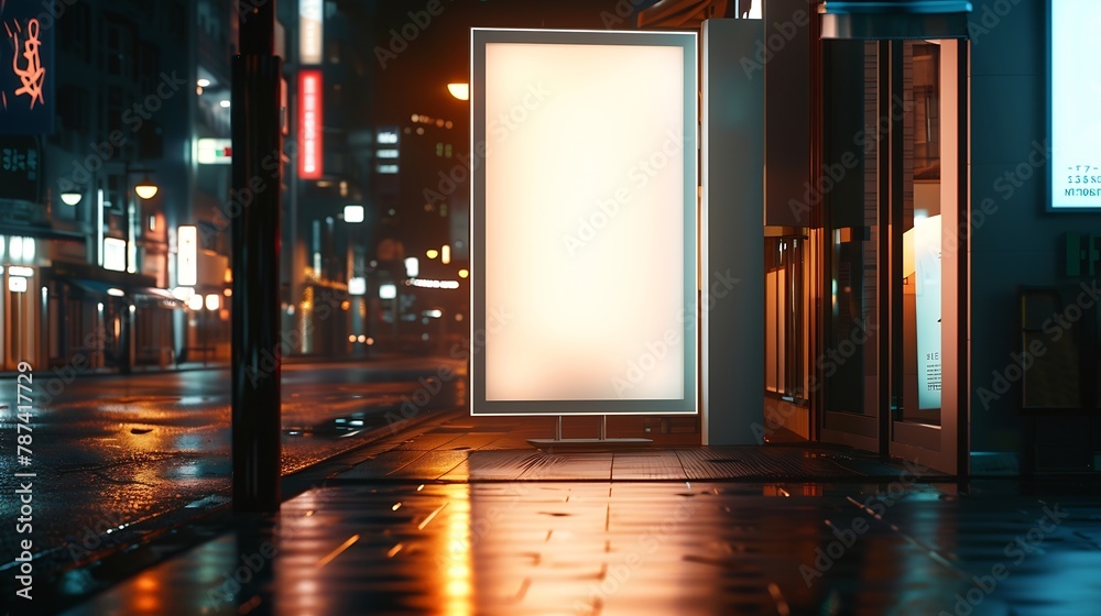 Poster mock up of blank white modern showcase in a city at night : generative ai