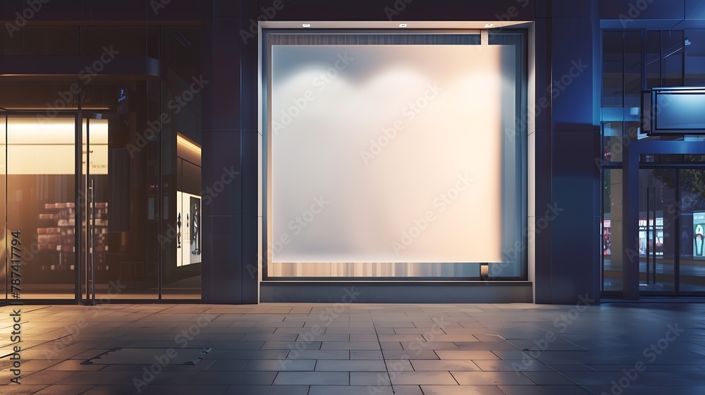 Poster large blank banner in a shop window at night mock up 3d render : generative ai