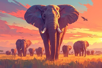 A herd of elephants walking towards the camera against an orange sunset sky.  - obrazy, fototapety, plakaty