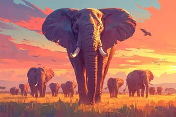Foto op Aluminium A herd of elephants walking towards the camera against an orange sunset sky.  © Photo And Art Panda
