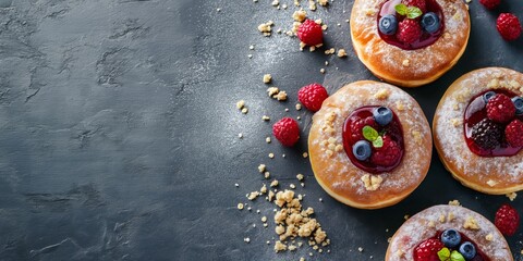 Mouth-watering fresh doughnuts topped with blueberries, raspberries, and sweet crumbs on a dark background