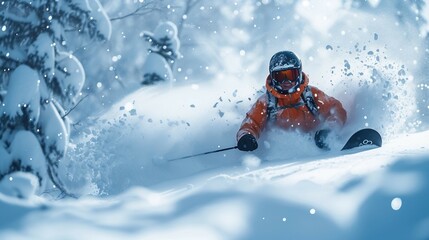 Snowboarder carving through powder snow. AI generate illustration