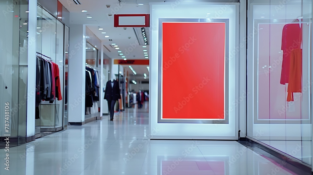 Poster red blank sign inside shopping mall mock up advertise display frame setting over the clothes line in