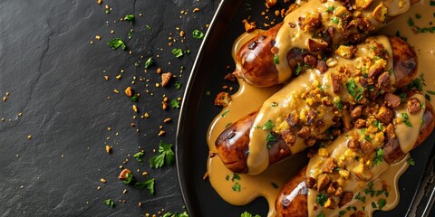 Grilled sausages oozing with cheese and sprinkled with herbs and crunchy toppings on a slate board - obrazy, fototapety, plakaty