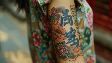 On their forearm a combination of Chinese characters and floral designs creates a unique and personalized tattoo representing their cultural roots and personal style. .