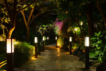 Obraz premium garden illuminated with light posts, outdoor landscape lighting (1)