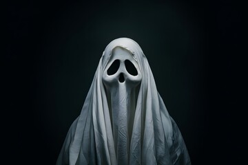 Fototapeta na wymiar Ghost covered in white cloth, shrouded in darkness, ambiguous symbolism