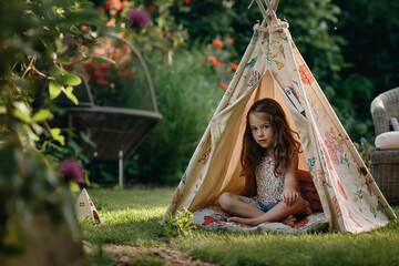 girl playing in her wigwam in the garden, childhood outdoor fun