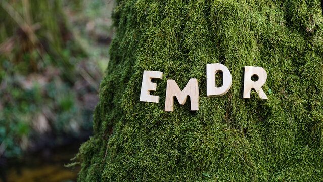 Wooden letters EMDR on mossy tree forest background. Eye Movement Desensitization and Reprocessing psychotherapy treatment concept.