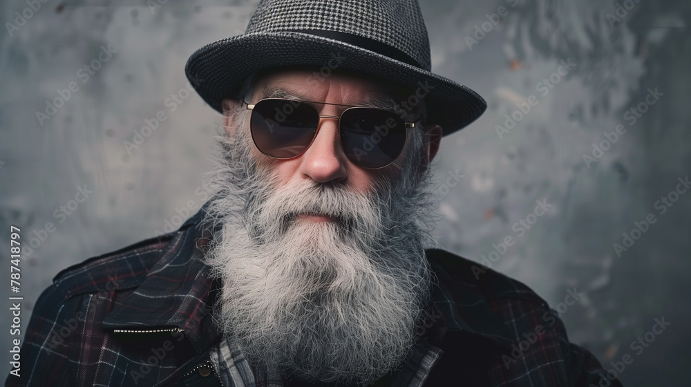 Wall mural Photo of an old man with a long gray beard and sunglasses wearing a hat, standing fashionably dressed against a gray background, posted