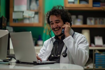 Young successful hispanic doctor inside the clinic in the medical office joyfully communicates talking on the phone, the clinic worker sits at the desk working with a laptop, consults, Generative AI - Powered by Adobe