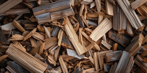 A close-up of a large pile of chopped firewood pieces, showcasing texture