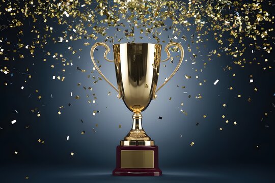 Golden trophy with falling confetti on dark background