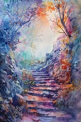 stairway to heaven. glory haloring at the end of the stairs. watercolor  