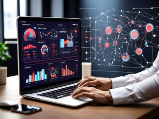 Businessmen touch automated data management systems to create reports with KPIs and indicators connected to the database. Data analysis with intelligent AI robot technology in business analysis - obrazy, fototapety, plakaty